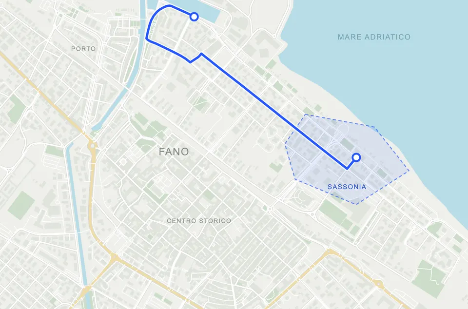 Map of Fano with a route along real streets from the port towards Sassonia and a demo geofence