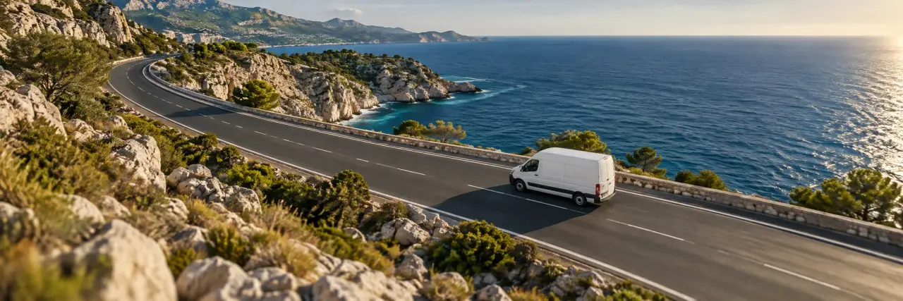 A white delivery van travelling along a Mediterranean coastal road